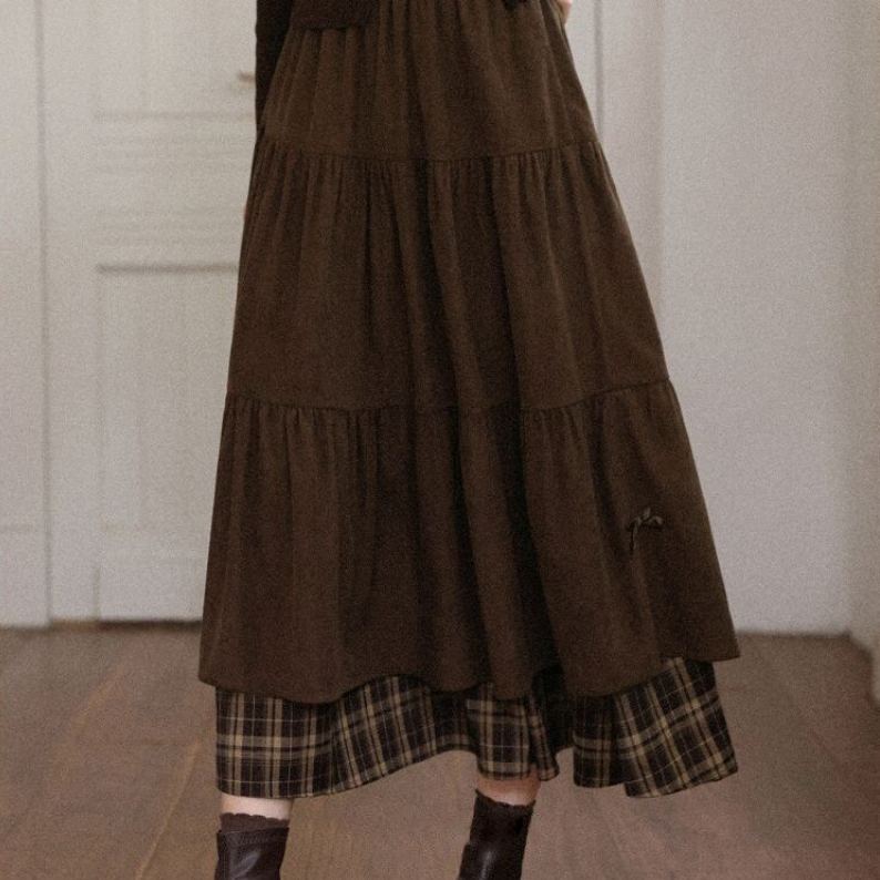 燈心絨拼接格紋長裙 高腰A字版 加厚保暖 日系氣質半身裙