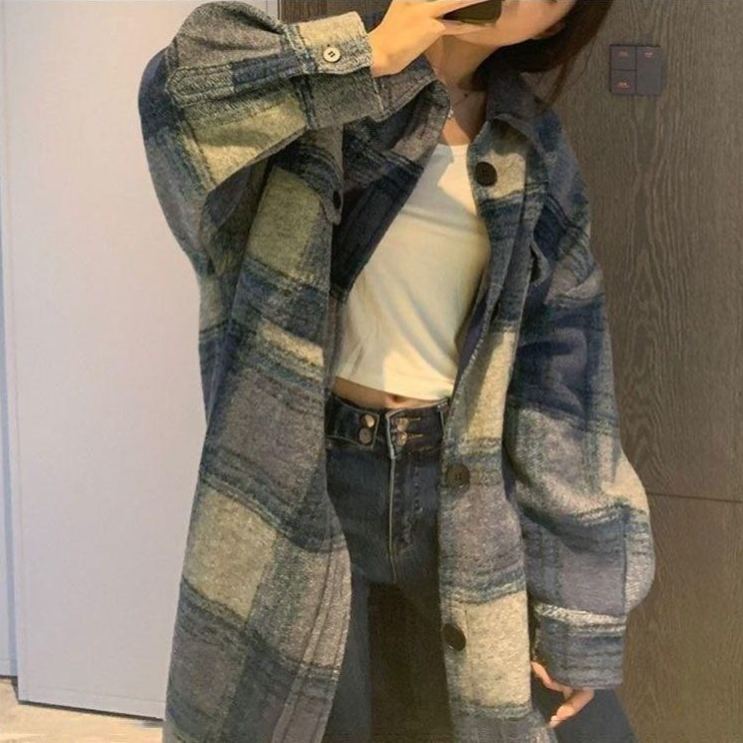 韓系． 百搭格紋外套連身裙 藍色外套高級感過膝