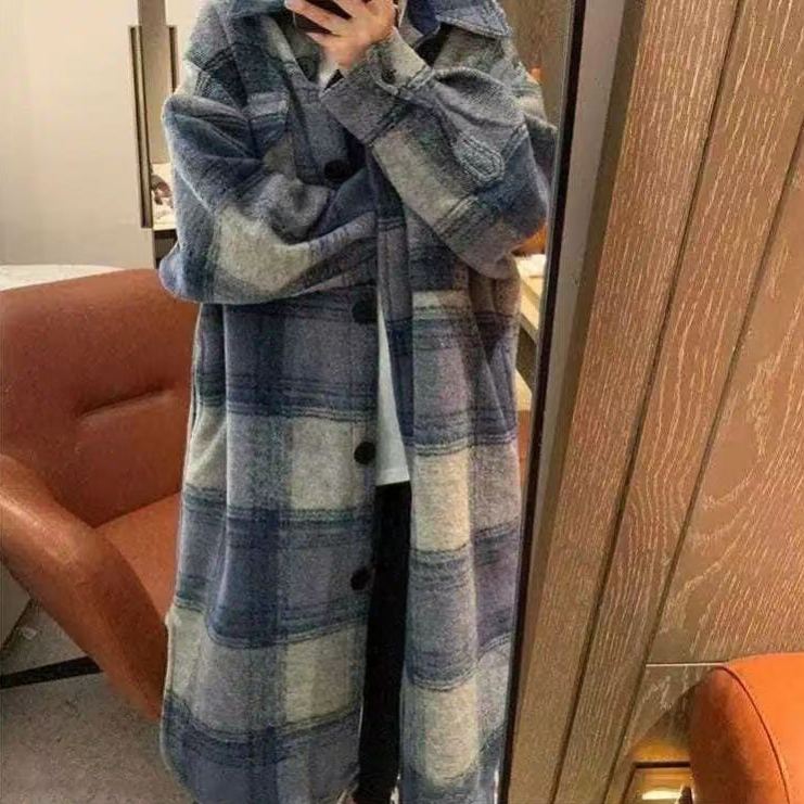 韓系． 百搭格紋外套連身裙 藍色外套高級感過膝