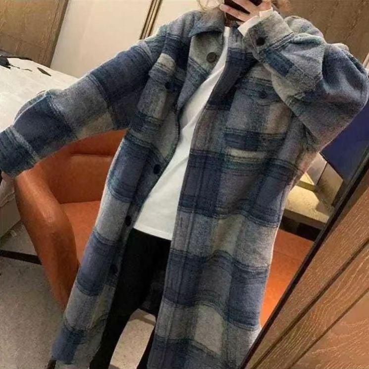 韓系． 百搭格紋外套連身裙 藍色外套高級感過膝