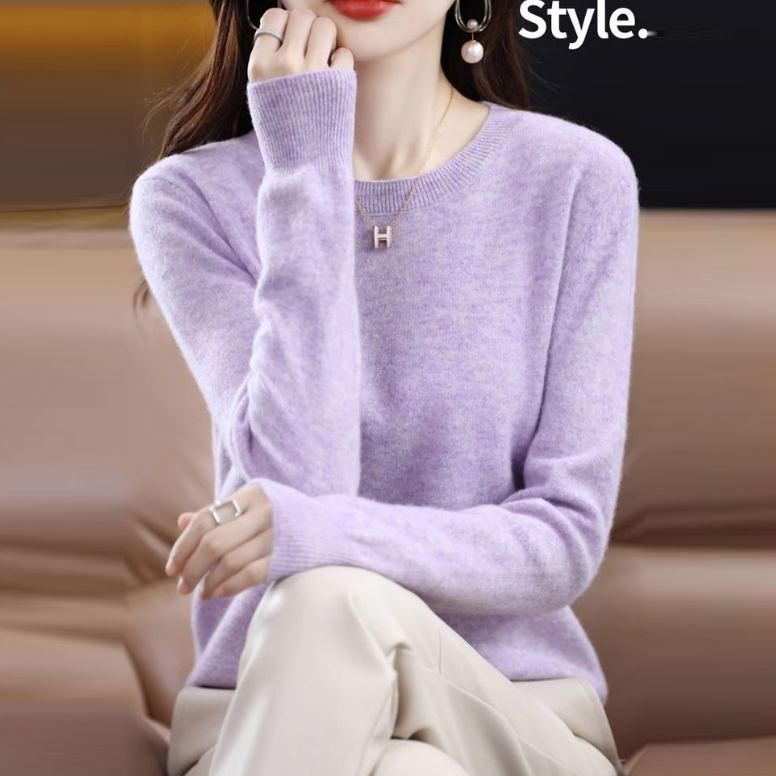 早春柔軟親膚針織上衣 圓領長袖 寬鬆好搭毛衣