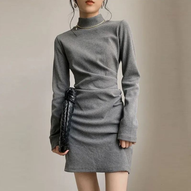 法式修身針織短洋裝 半高領設計 秋冬簡約氣質款
