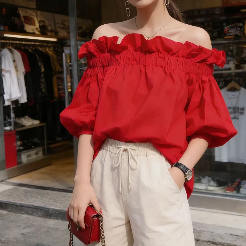 韓系浪漫一字領鬆緊紅色上衣 五分袖設計感襯衫 顯白亮紅鬆緊抓皺