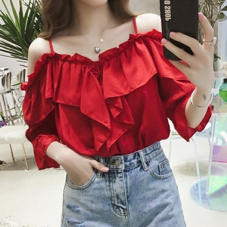 法式荷葉一字領露肩上衣 優雅氣質款