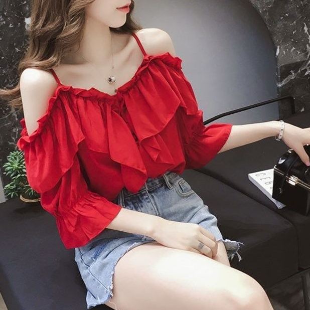 法式荷葉一字領露肩上衣 優雅氣質款