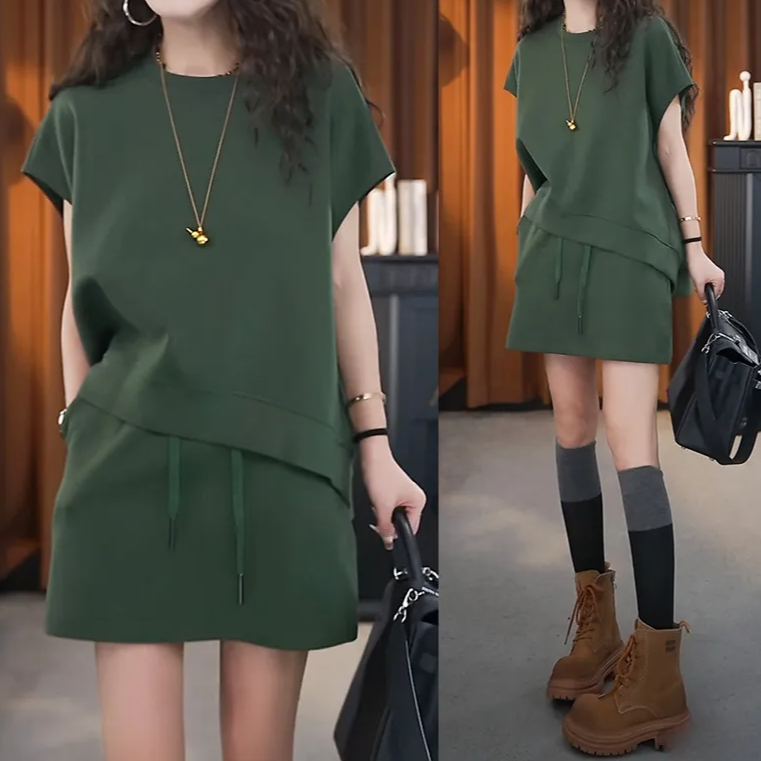 休閒寬鬆兩件式套裝 高腰A字短裙組