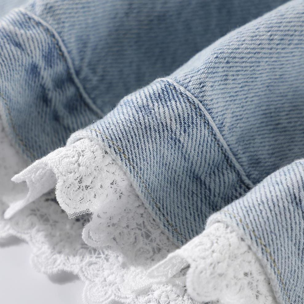 蕾絲花邊拼接牛仔外套 復古水洗短版 韓系休閒款