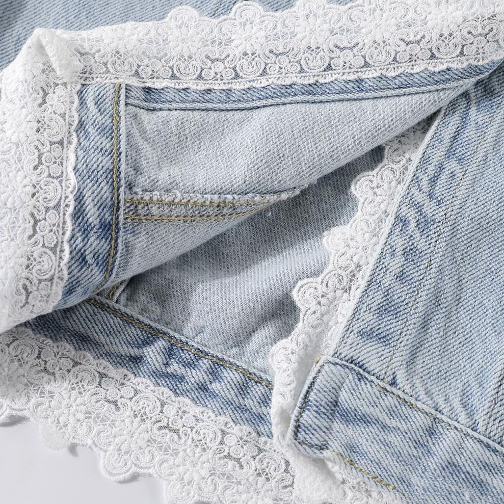 蕾絲花邊拼接牛仔外套 復古水洗短版 韓系休閒款