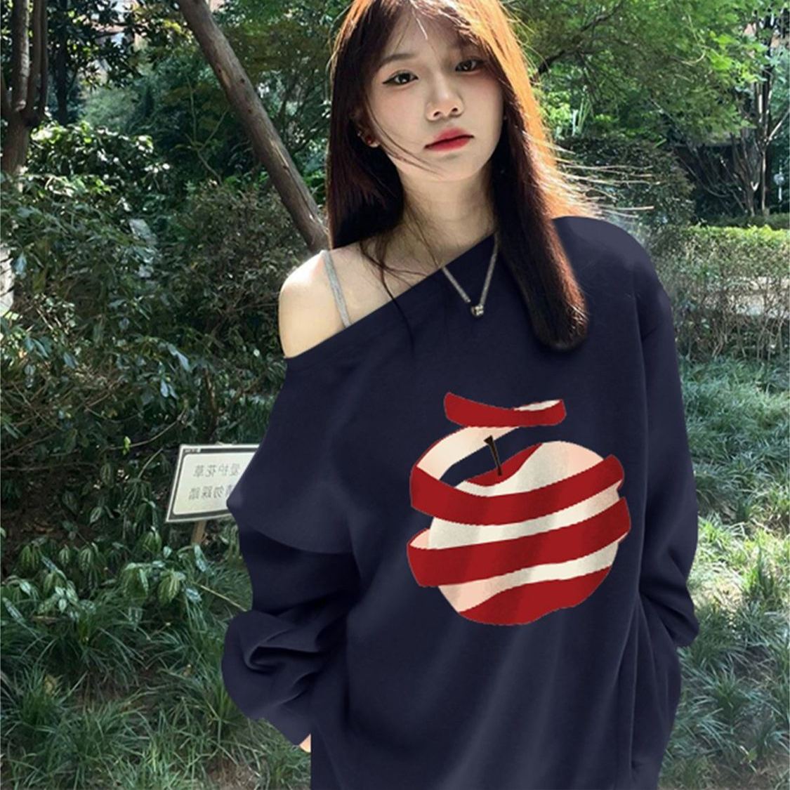 純棉斜肩假兩件長袖T恤 秋季寬鬆 設計感印花 不對稱露肩 百搭