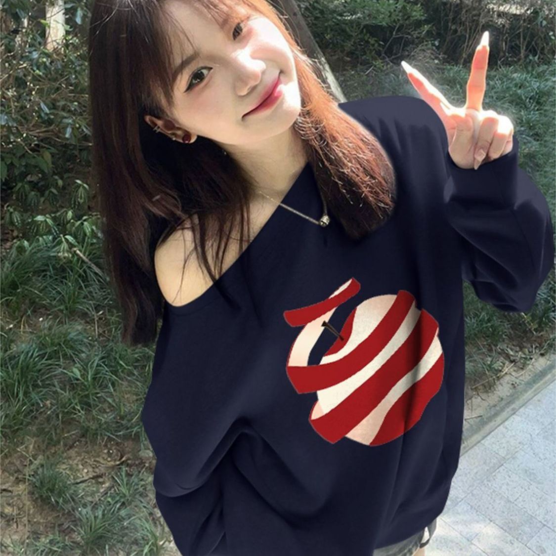 純棉斜肩假兩件長袖T恤 秋季寬鬆 設計感印花 不對稱露肩 百搭