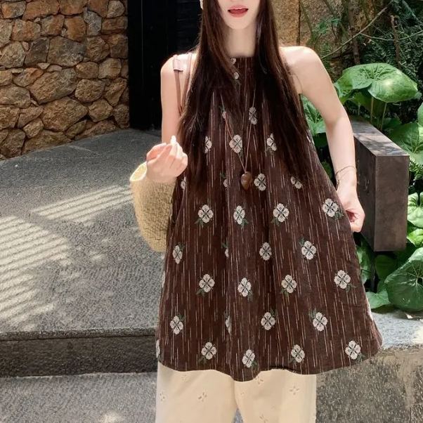 棕色印花無袖上衣 掛脖設計寬鬆剪裁 文青復古風
