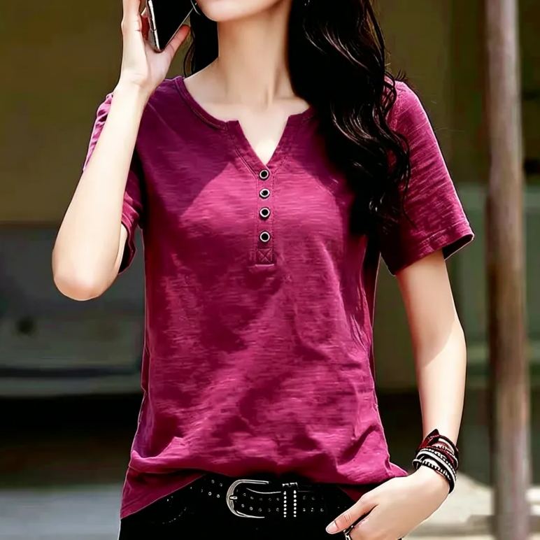竹節棉V領短袖T恤 紐扣裝飾開叉小V領