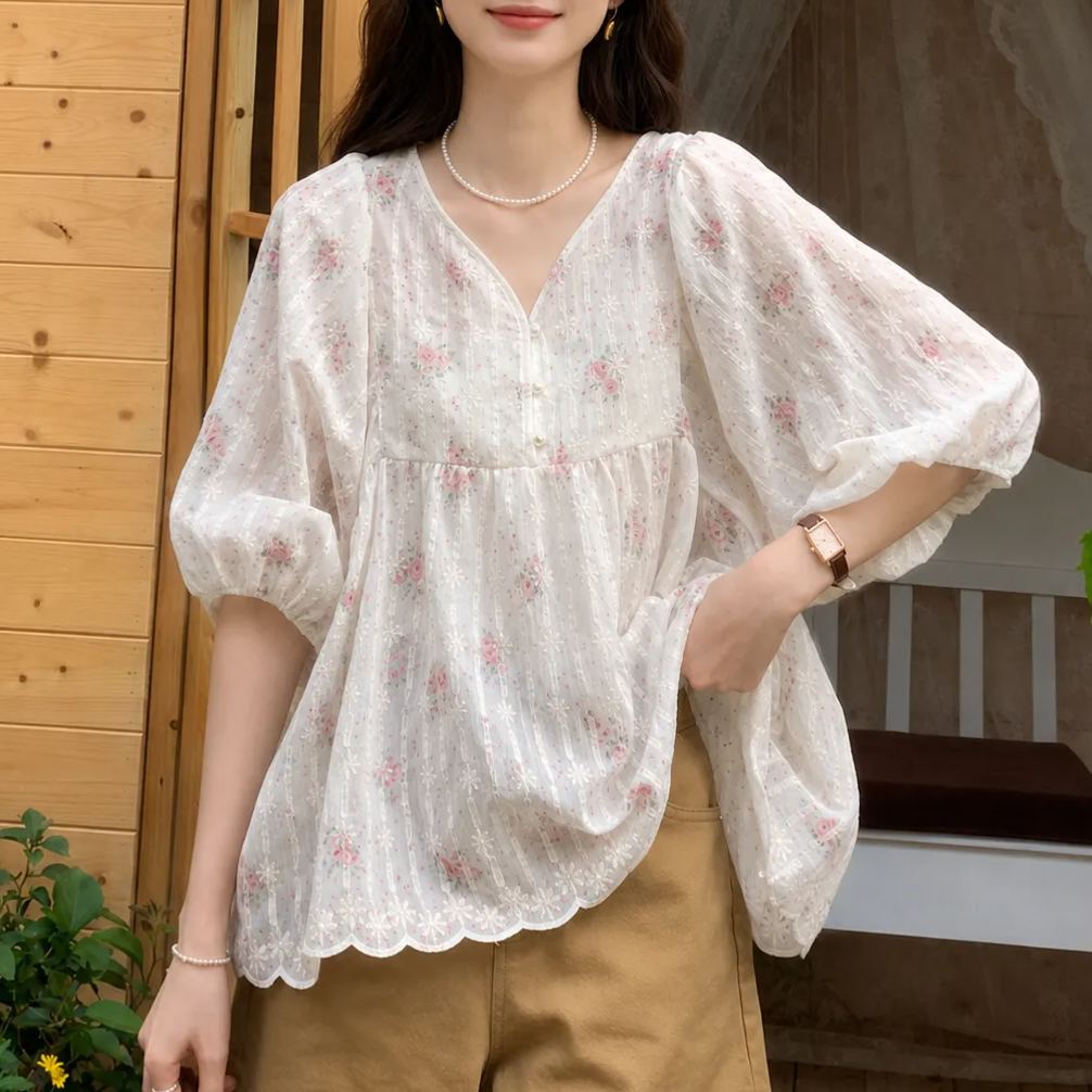碎花V領澎袖上衣 寬鬆版型 法式溫柔感襯衫