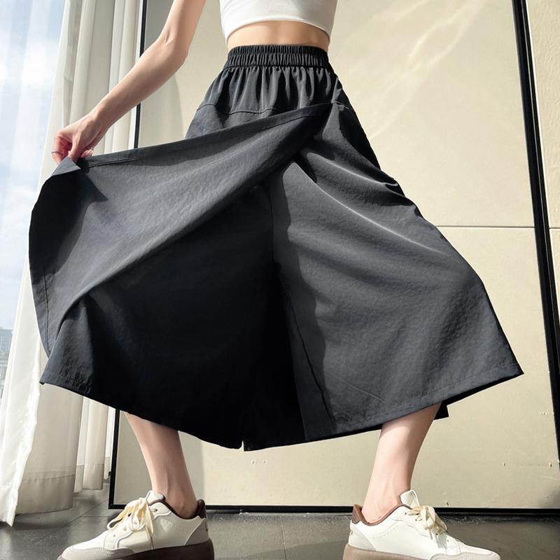 甜酷美式工裝冰絲褲裙 鬆緊腰不卡小腹 山本夏季高腰A字開叉半身裙