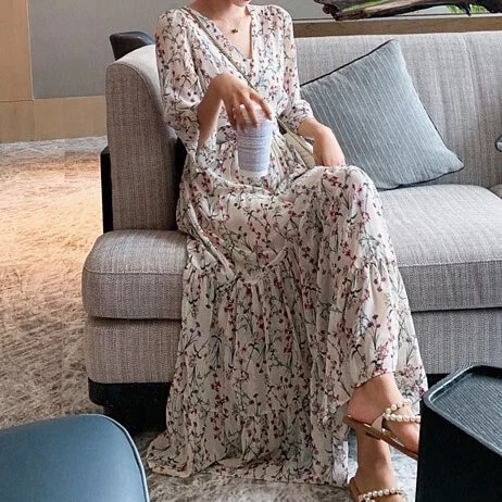 浪漫渡假風碎花雪紡連身裙 森系淑女連身洋裝