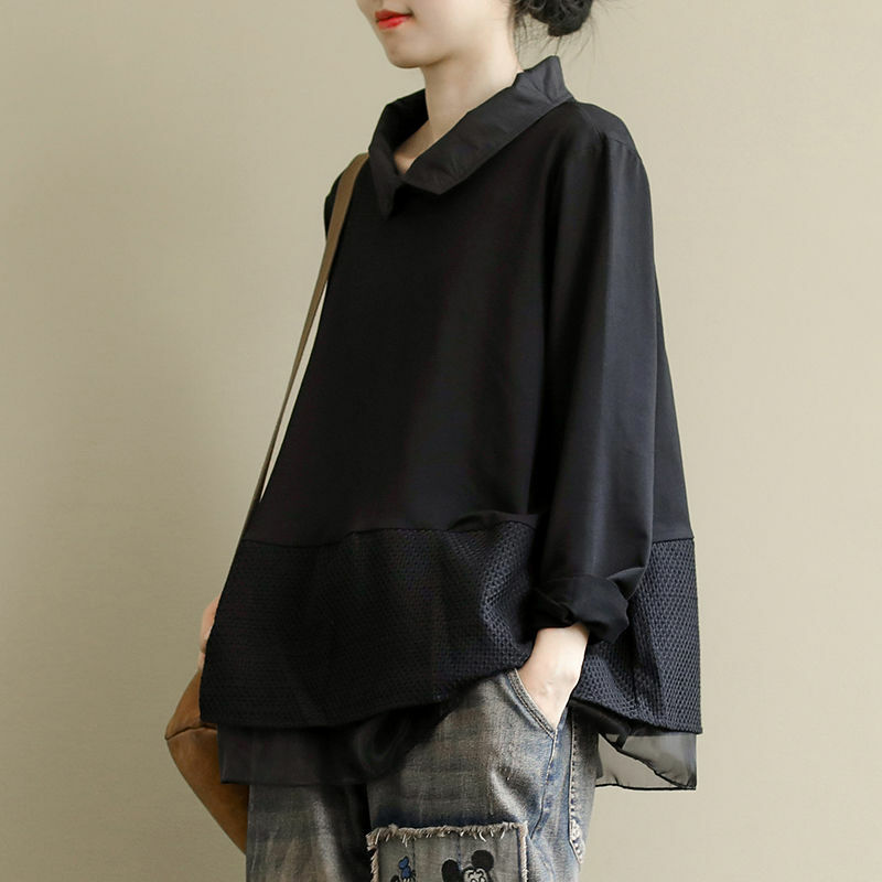 簡約．拼接蕾絲長袖上衣 寬鬆套頭襯衫