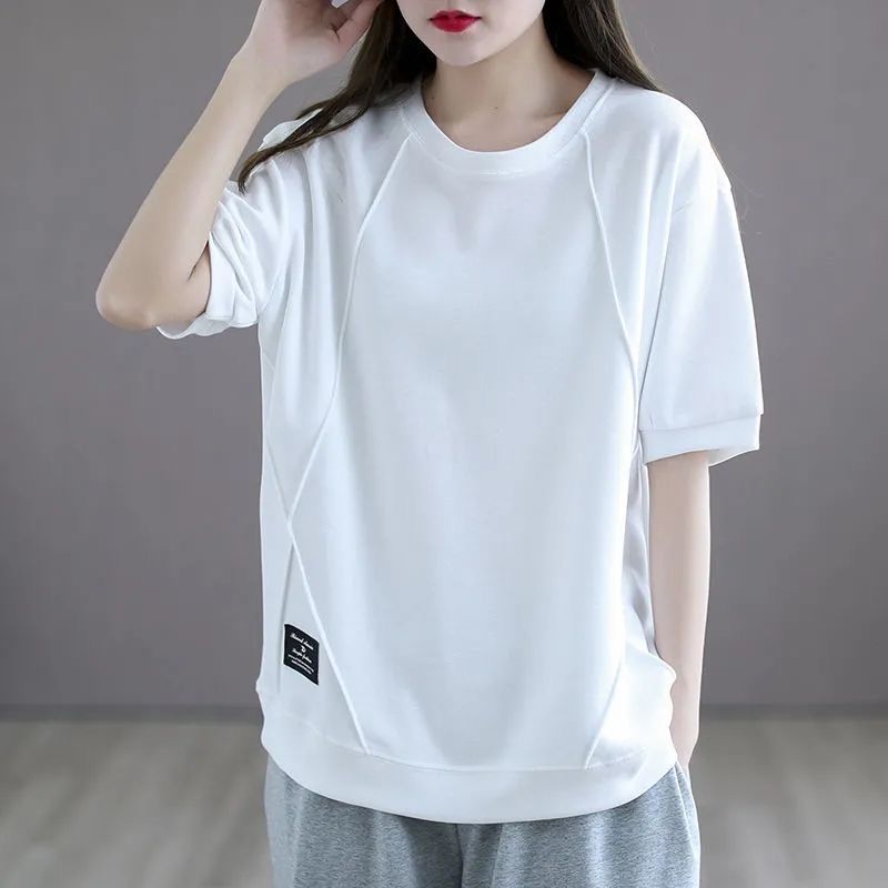 簡約素色圓領上衣-寬鬆顯瘦設計感短袖T恤 夏季百搭必備