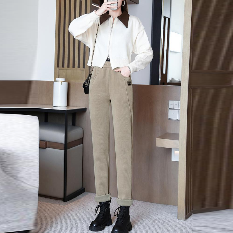 高腰顯瘦刷毛保暖長褲 寬鬆小腳休閒褲