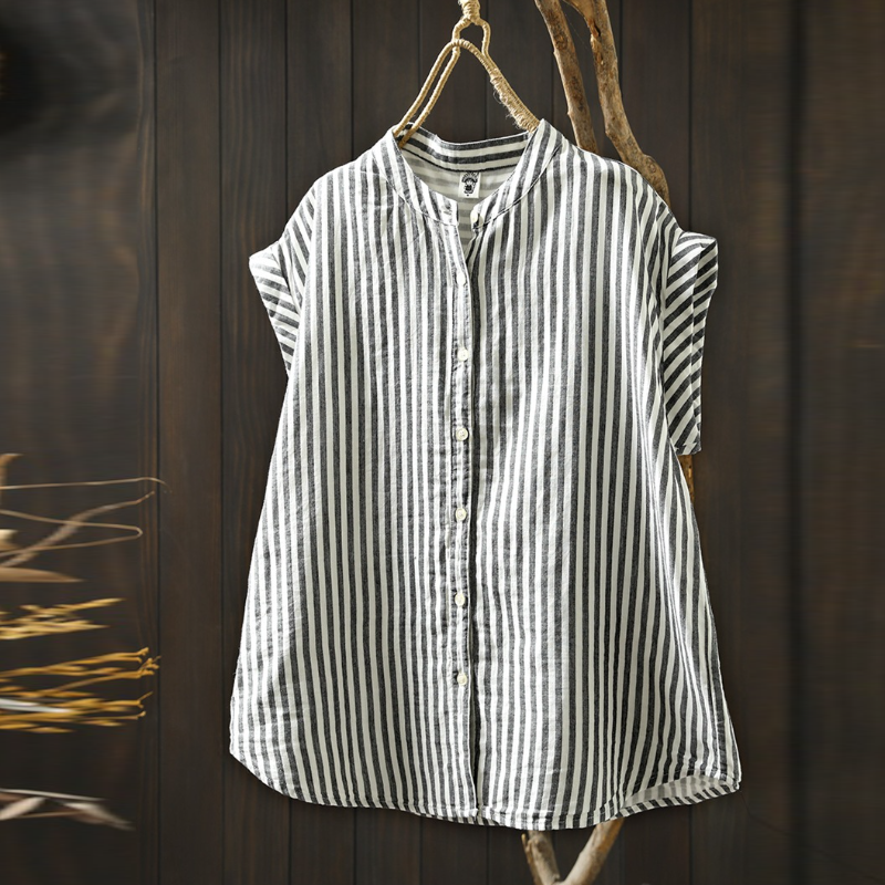 新款日系立領軟糯襯衫 短袖純棉雙層棉紗 無袖翻邊親膚短袖襯衫