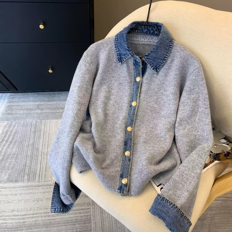 韓系牛仔拼接針織外套 厚磅質感 層次襯領設計