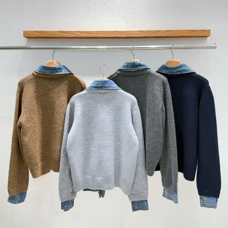 韓系牛仔拼接針織外套 厚磅質感 層次襯領設計