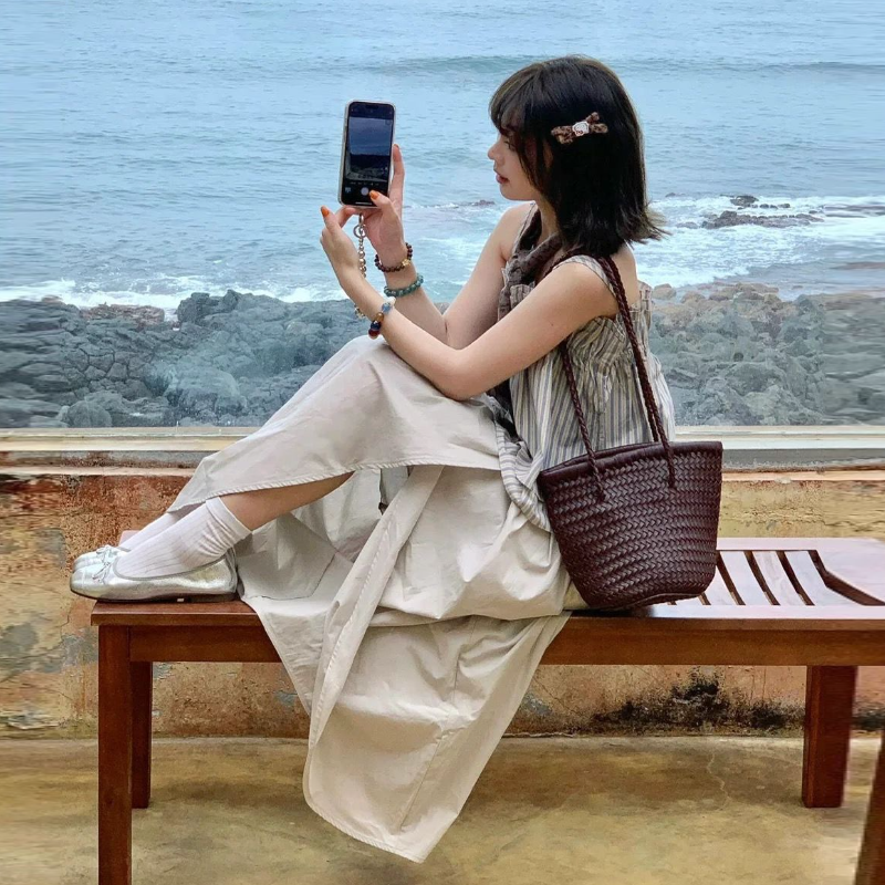 小眾度假套組 荷葉邊吊帶背心 不對稱開衩半身裙 棉感花苞設計 郁金香大擺中長裙