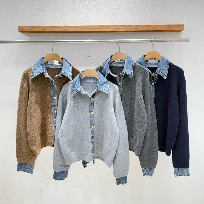 韓系牛仔拼接針織外套 厚磅質感 層次襯領設計