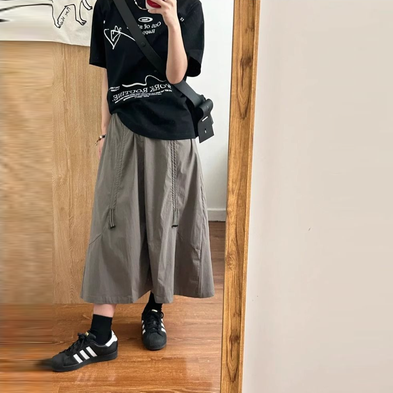 設計感工裝傘兵裙 美式復古重工調節繩 鬆緊腰塑身顯瘦遮胯休閒