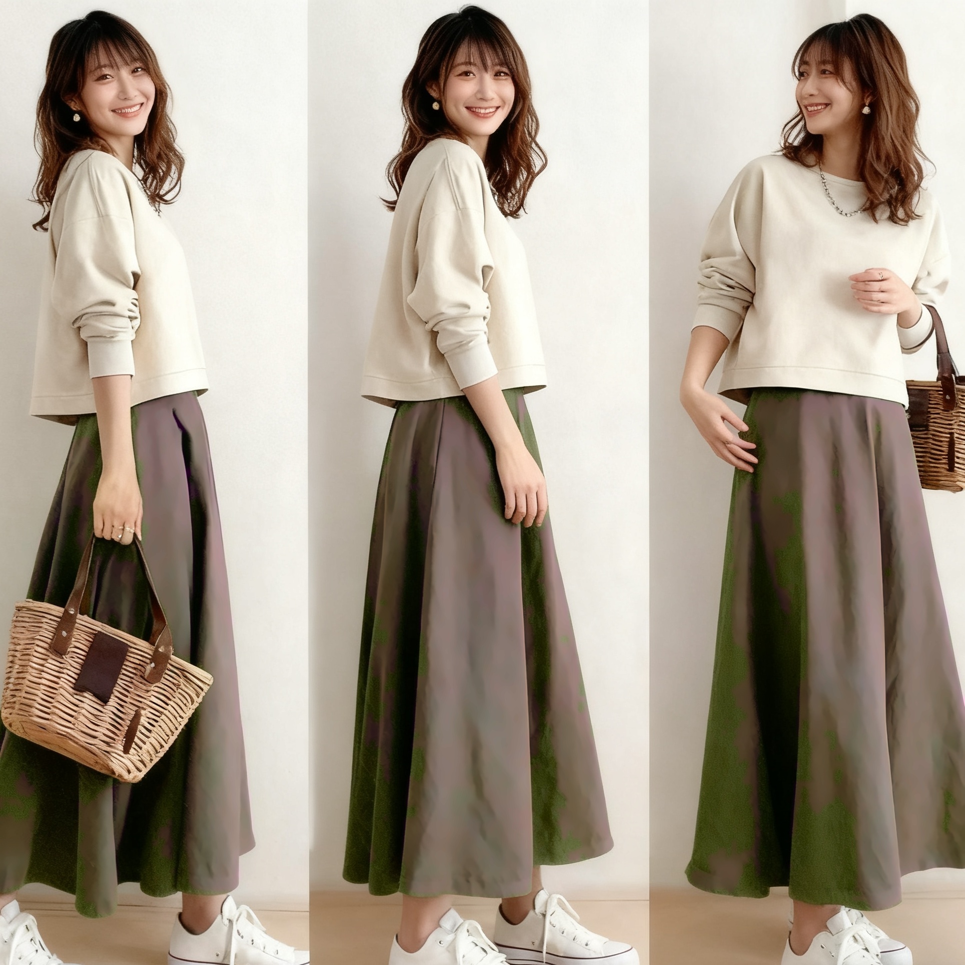 圓領長袖上衣×高腰中長裙 套装兩件式 春秋新款 清新顯瘦
