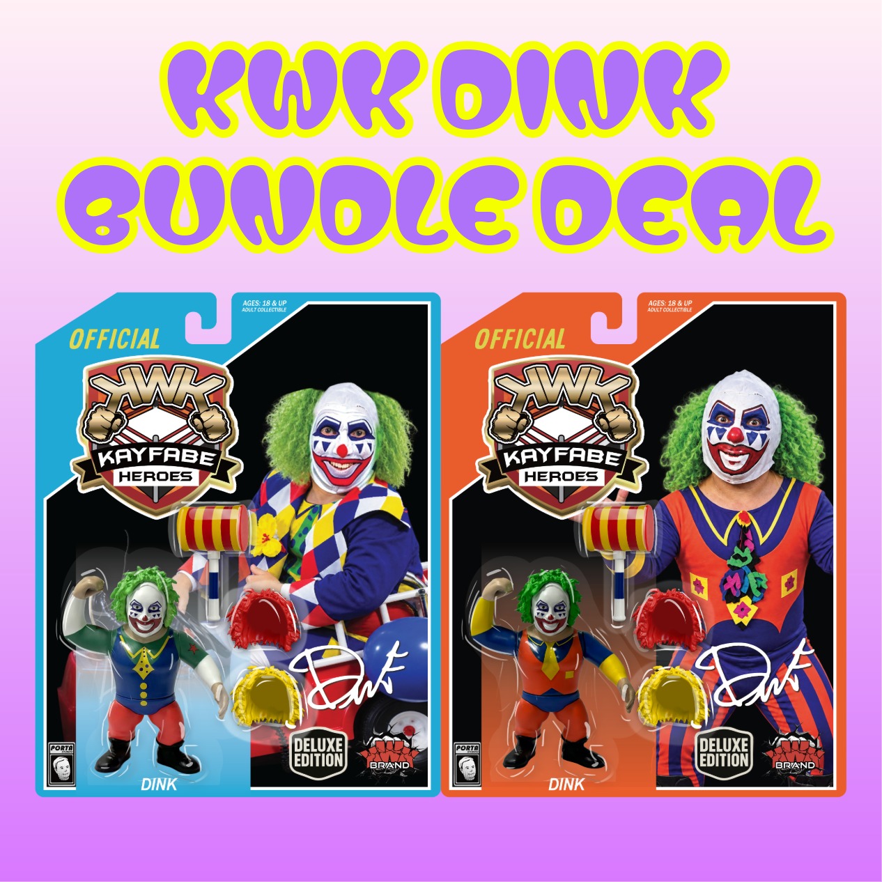 KWK Kayfabe Heroes Dink Retro Figures Bundle (BOTH CARD VARIANTS)