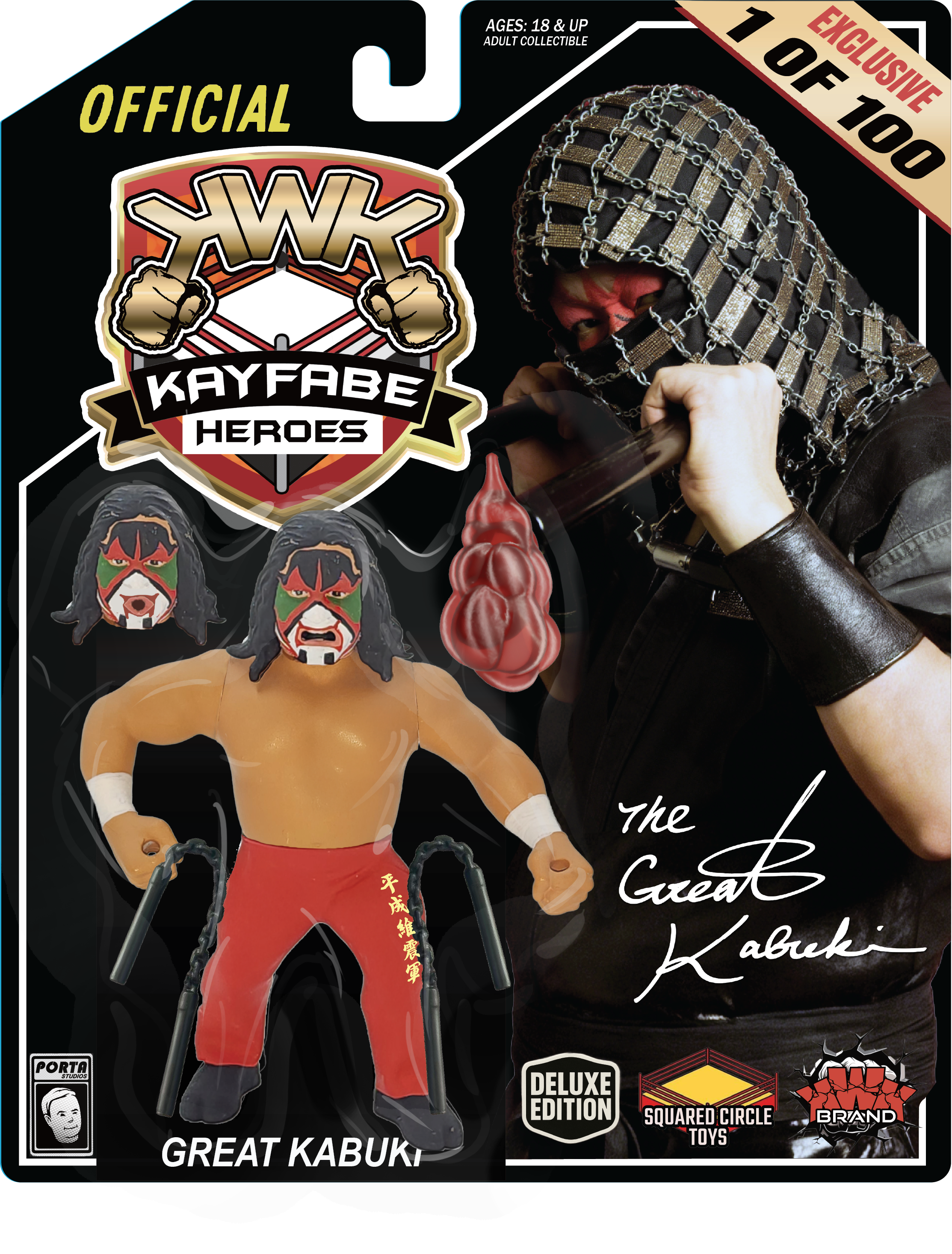 1 of 100 KWK Kayfabe Heroes Great Kabuki Retro Figures (BLACK CARD VARIANT)