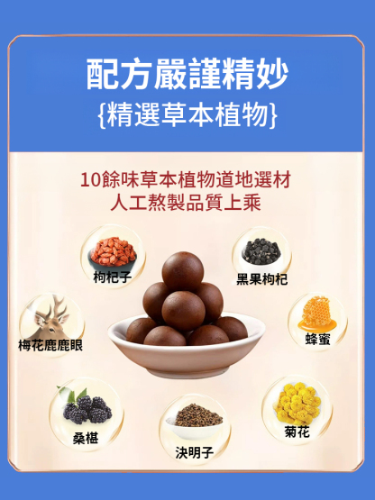 明目護眼中藥草本杞菊鹿眼丸，富含多種天然草本，每天2片，雙眼明亮水潤，眼睛一天比一天亮