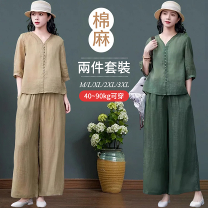顯瘦遮肉棉麻套裝女