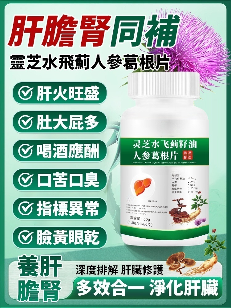 【肝膽腎同補】靈芝水飛薊人參葛根片,拍一發二,產地直發,品質保證