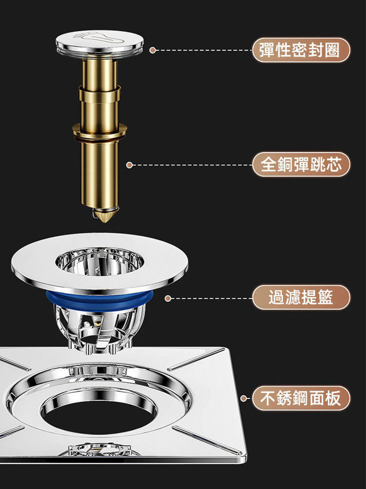 卫生間腳踩按壓式地漏,彈跳式地漏,1秒安裝,防臭防蟲,過濾防堵,全銅耐用30年