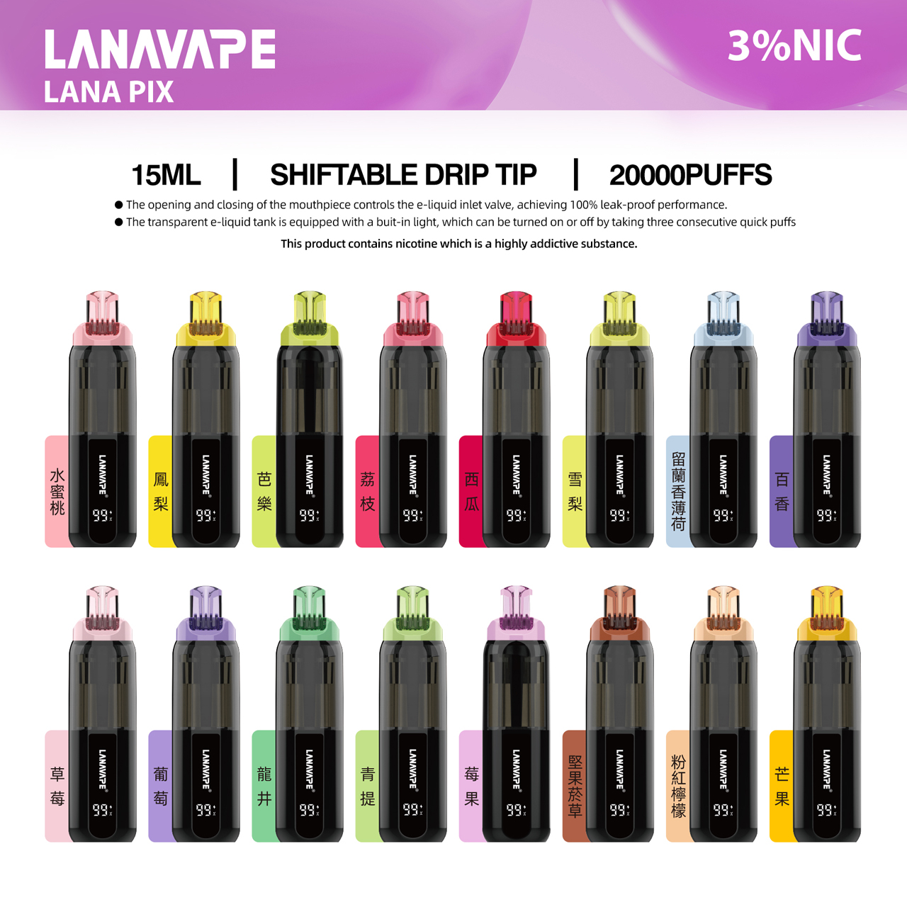 【LANA 20000口 一次性】透明油艙 + 可視電量 ＋可調燈光✅ LANA PIX LED 燈光｜油芯分離黑科技拋棄式｜超大續航/容量