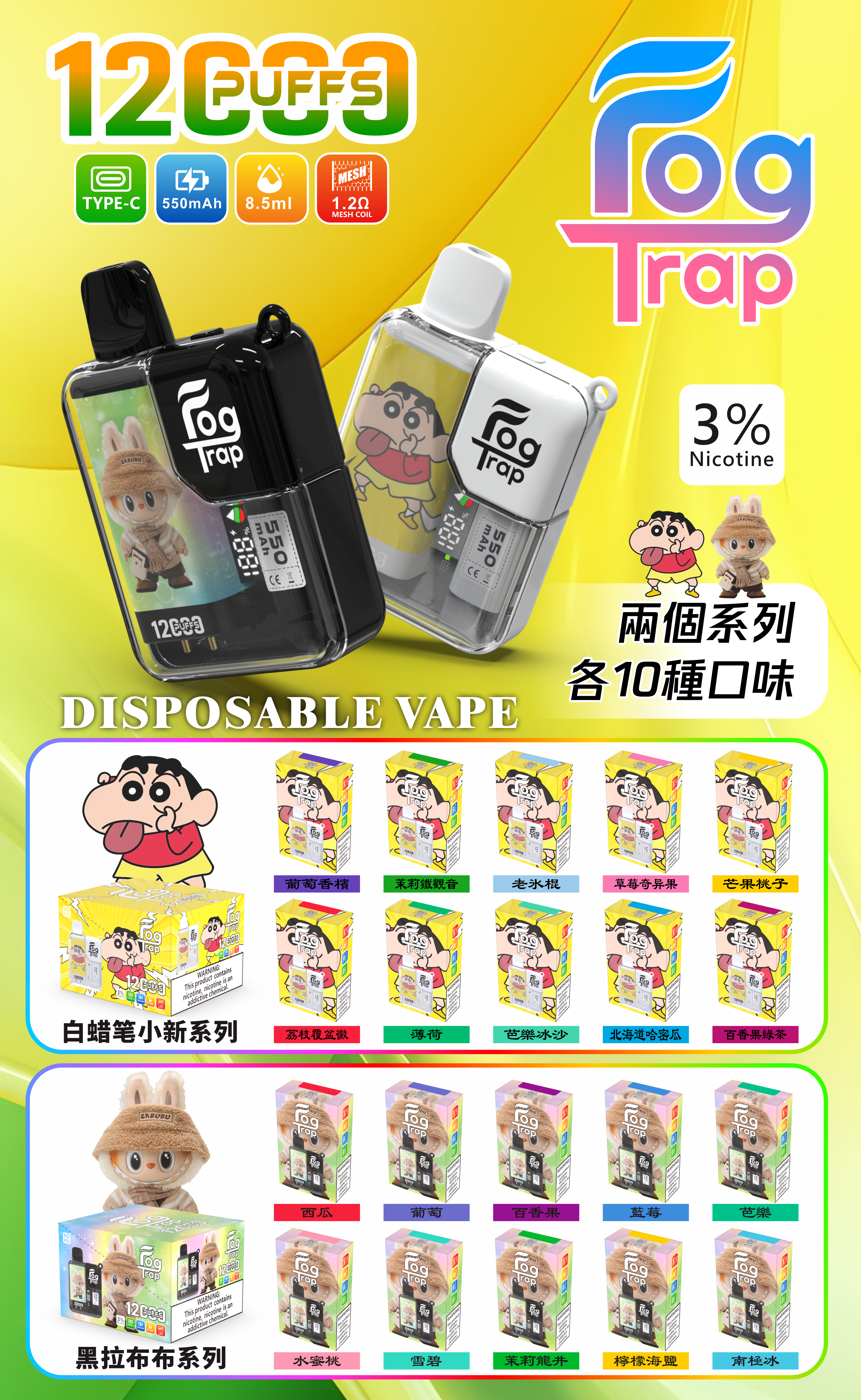 【Fog trap 12000口 抛棄式】LUBUBU 拉布布 / 蠟筆小新 聯名款系列一次性電子煙 時尚設計好攜帶 台灣現貨供應即買即用