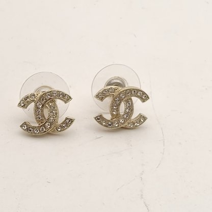CHANEL Double C logo Rhinestone Earrings mini Alloy