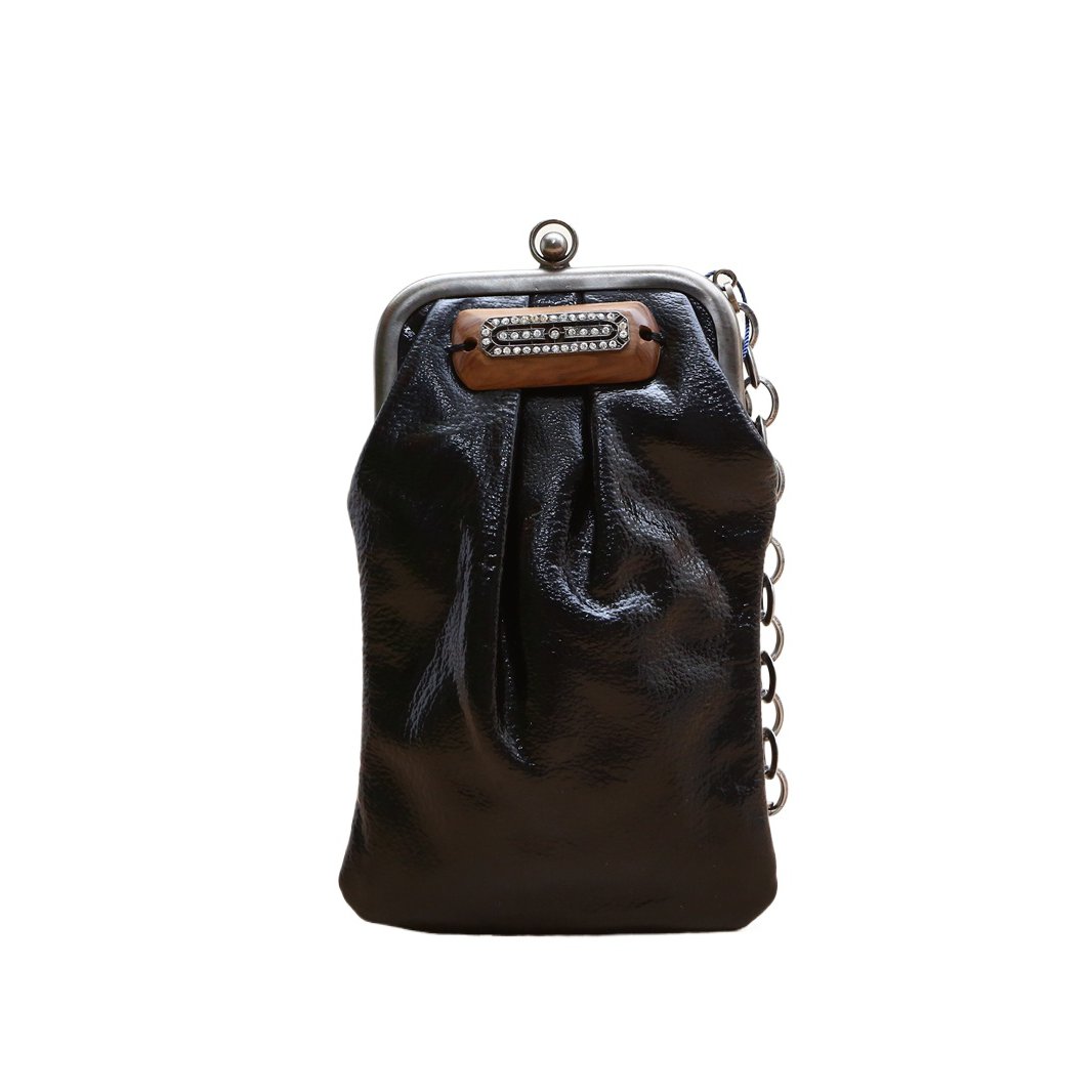 *MARNI Frog Mouth Small Handbag with Wood Grain Inlay and Rhinestones, Black Patent Leather, Tungsten Steel Hardware-Hana Vintage