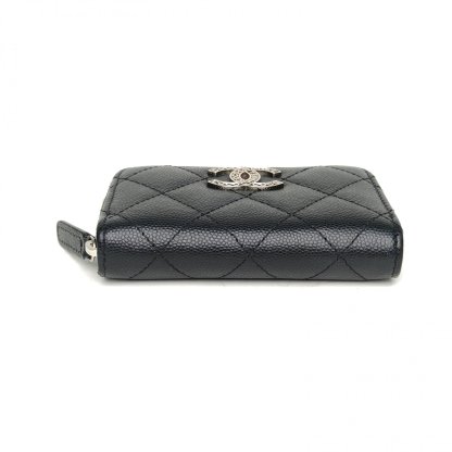 *CHANEL Black Laser Label Sliver Hardware 24P Zipper Card Holder-Hana Vintage