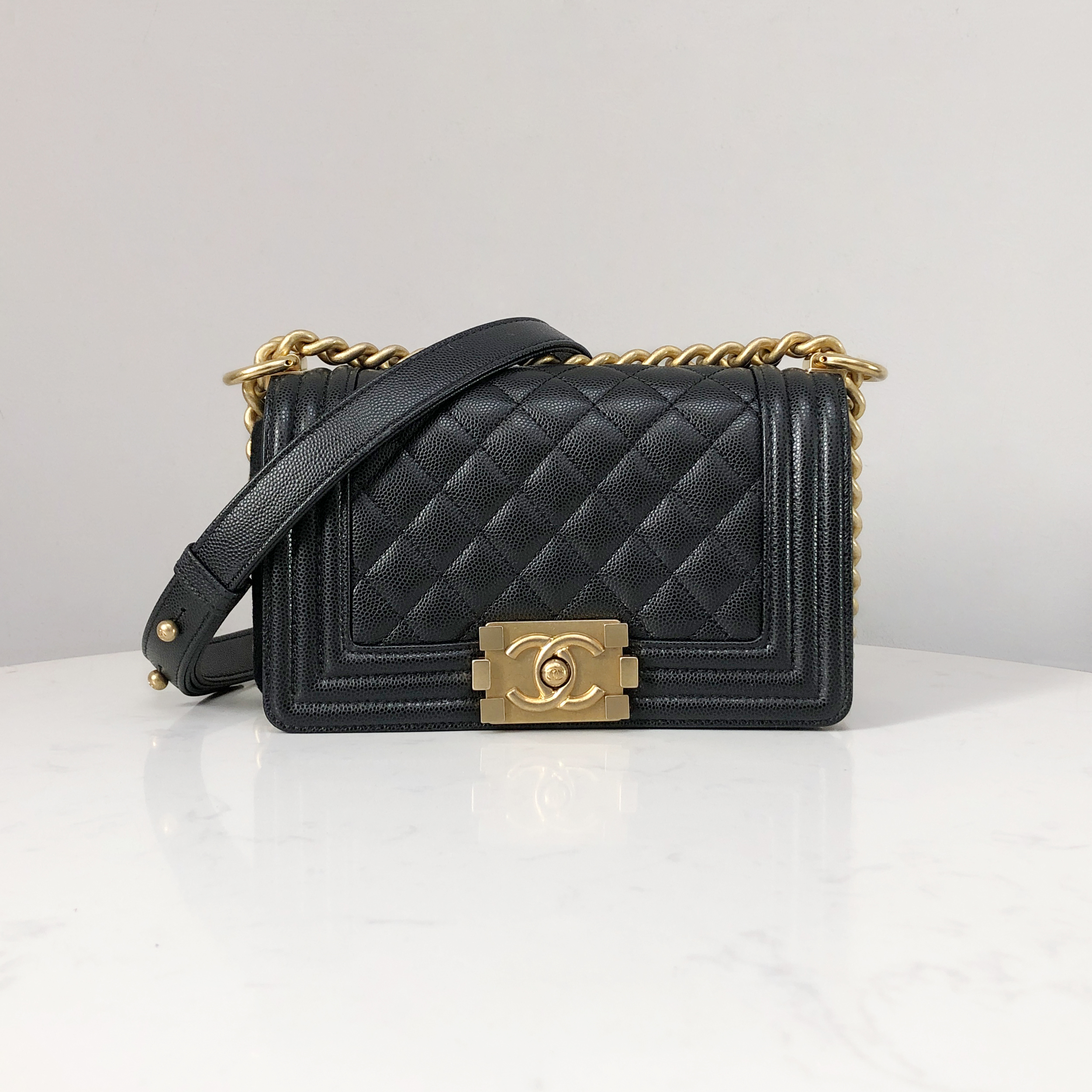 CHANEL Le Boy Small Black Caviar Leather with Gold Chain