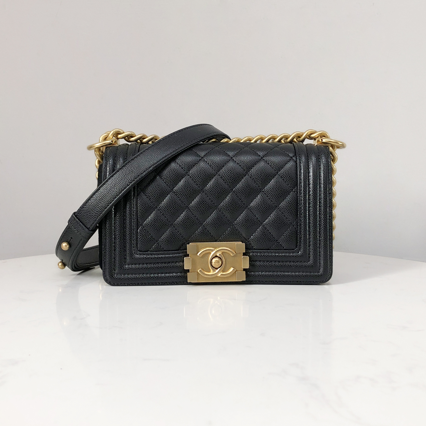 CHANEL Le Boy Small Black Caviar Leather with Gold Chain