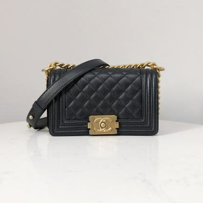 CHANEL Le Boy Small Black Caviar Leather with Gold Chain