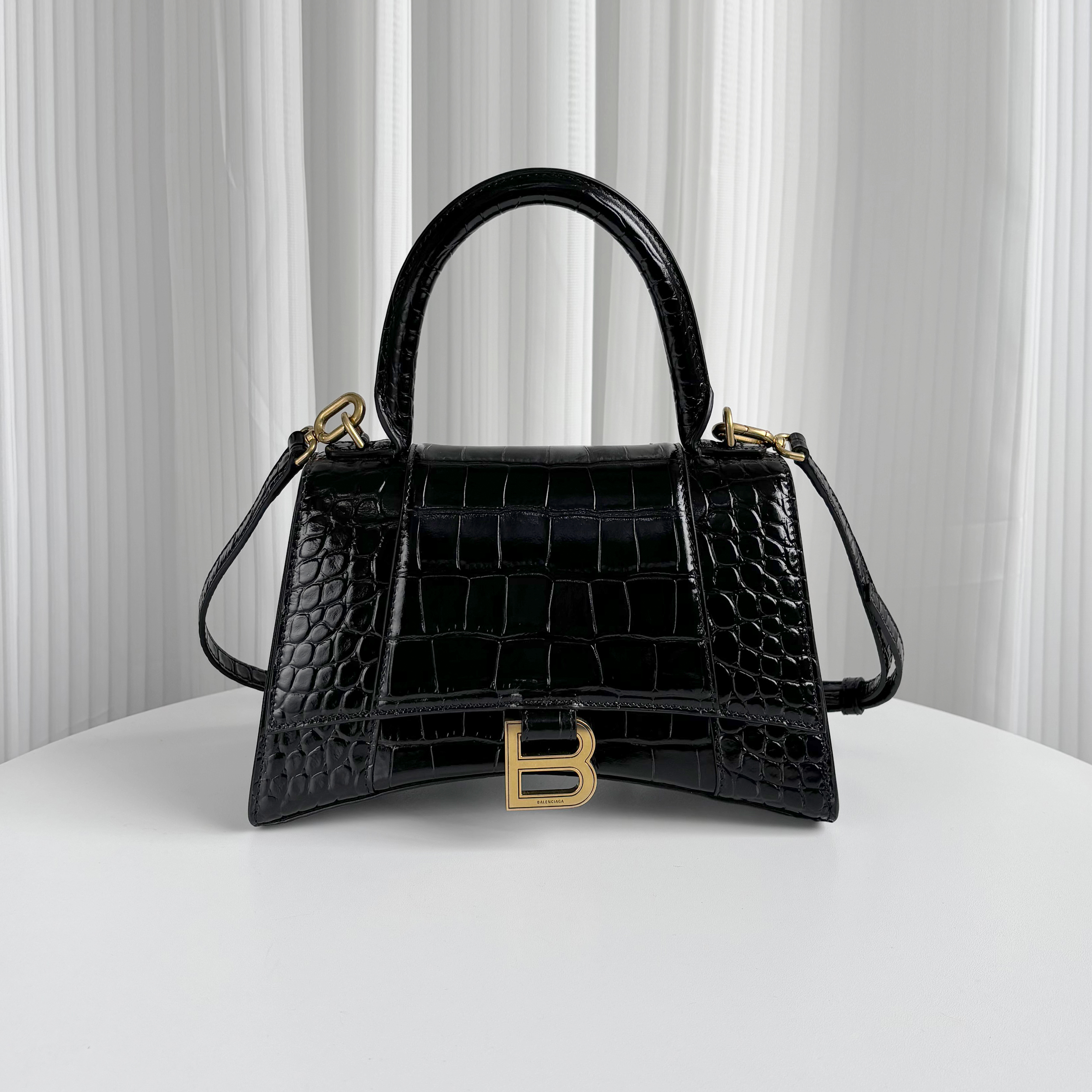 BALENCIAGA Black Croc-Embossed Hourglass S Top Handle Bag with Gold Hardware