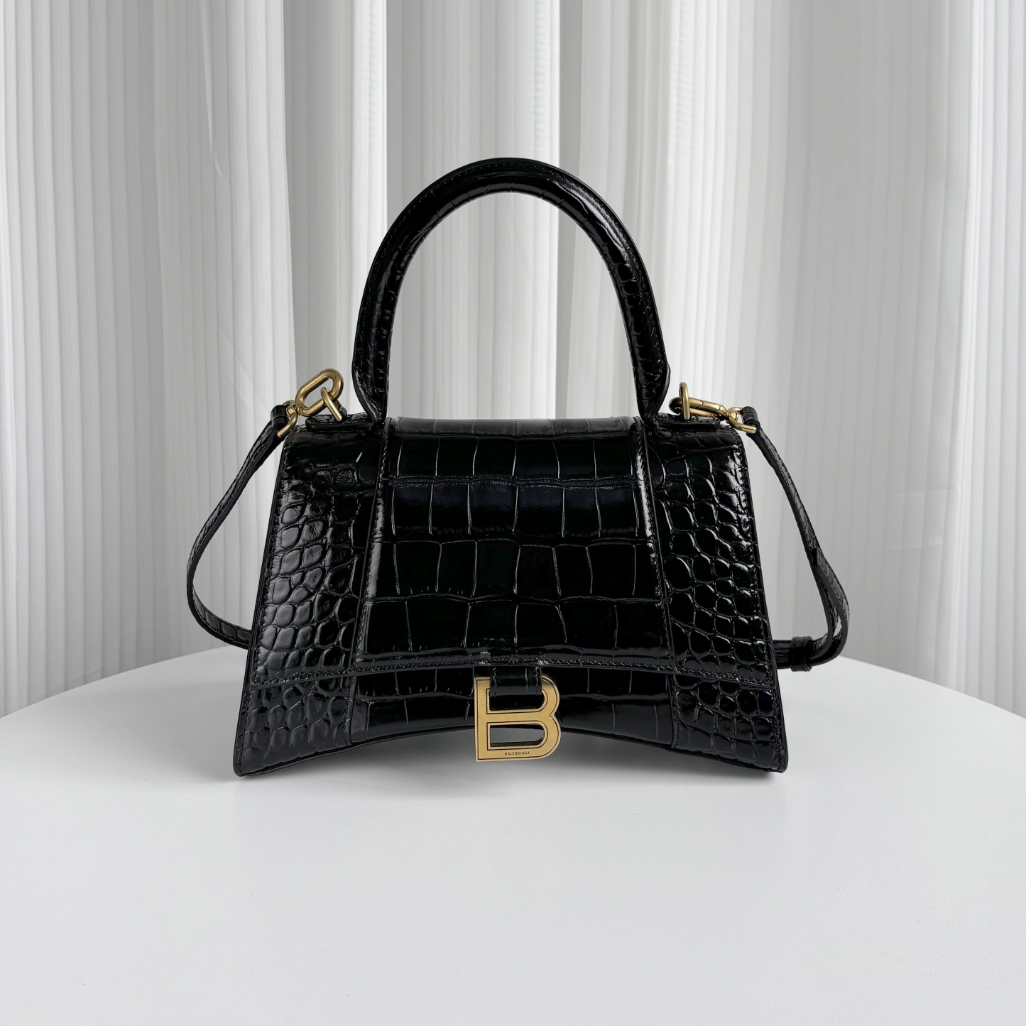 BALENCIAGA Black Croc-Embossed Hourglass S Top Handle Bag with Gold Hardware