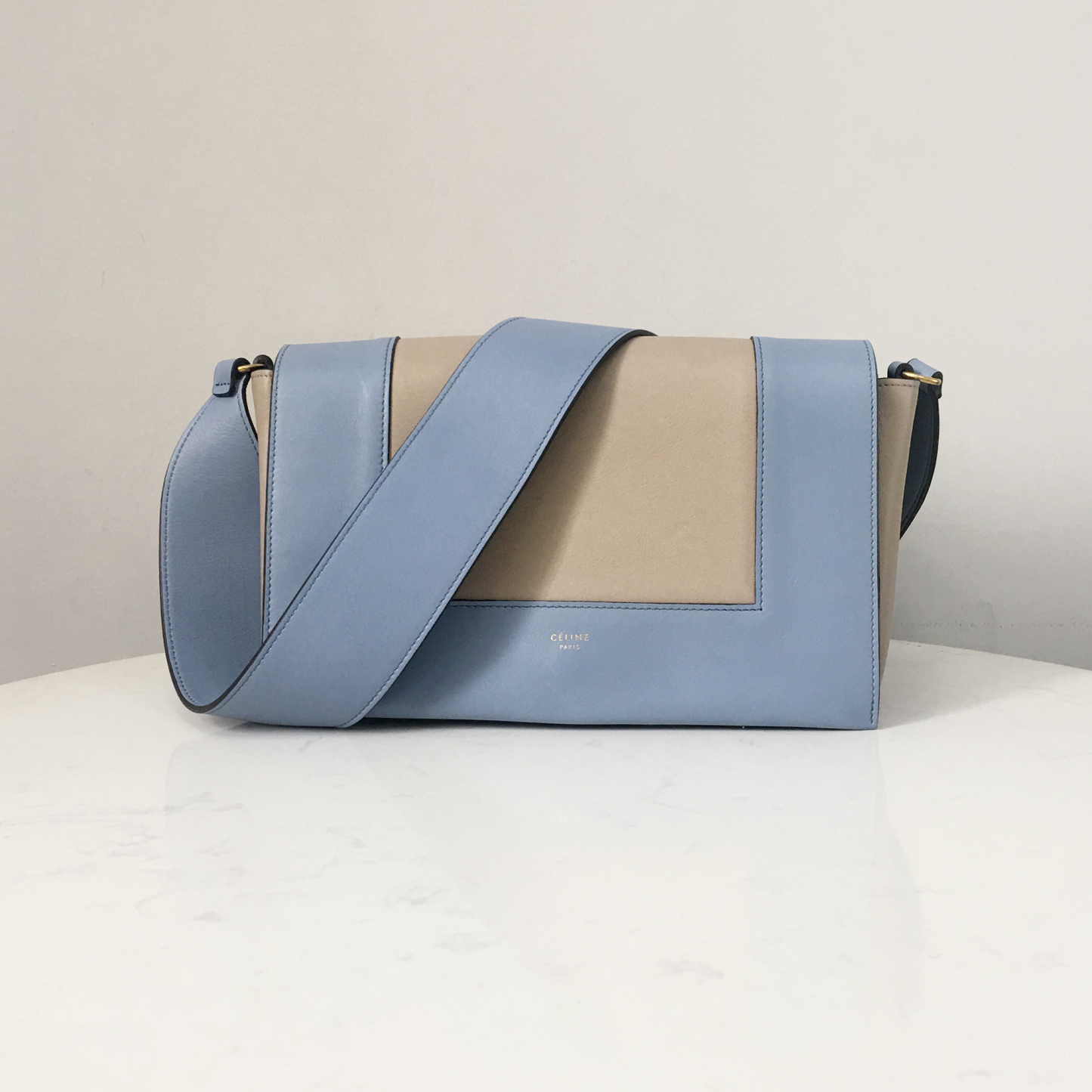 Celine Frame Bag with Wide Strap in Pearlescent Blue and Elephant Gray