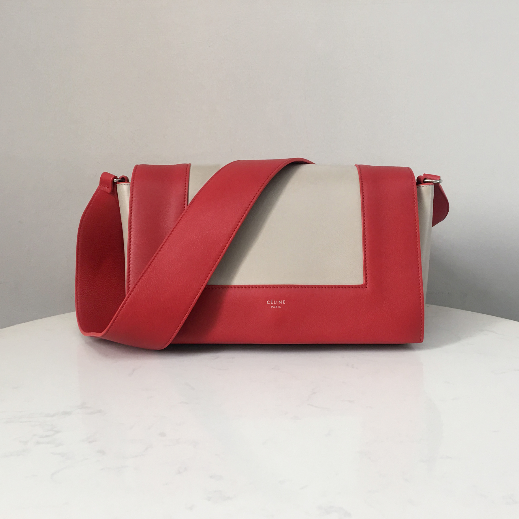 Celine Frame Bag with Wide Strap in Pop Red and Trench Gray