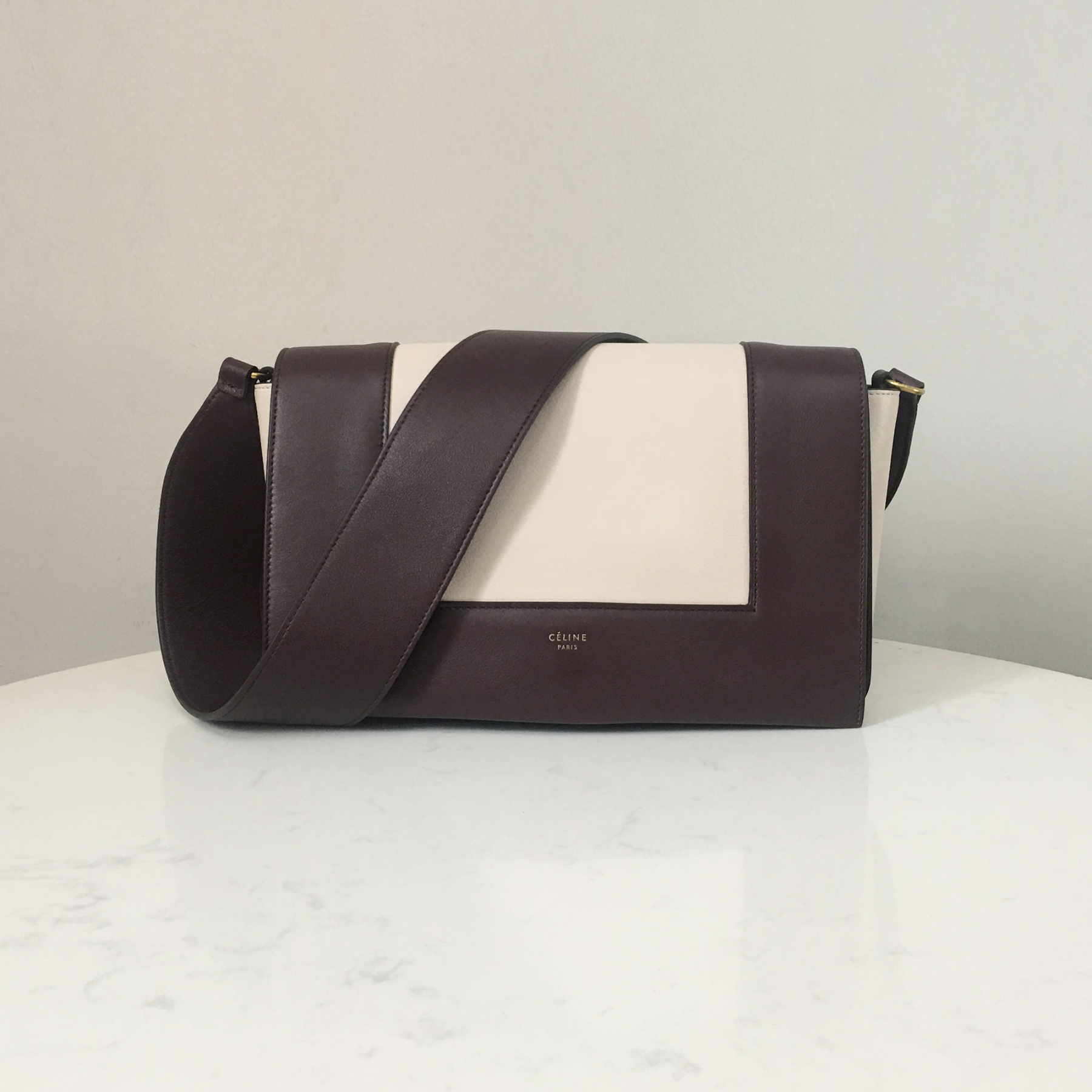 Celine Frame Bag with Wide Strap in Desert White and Burgundy