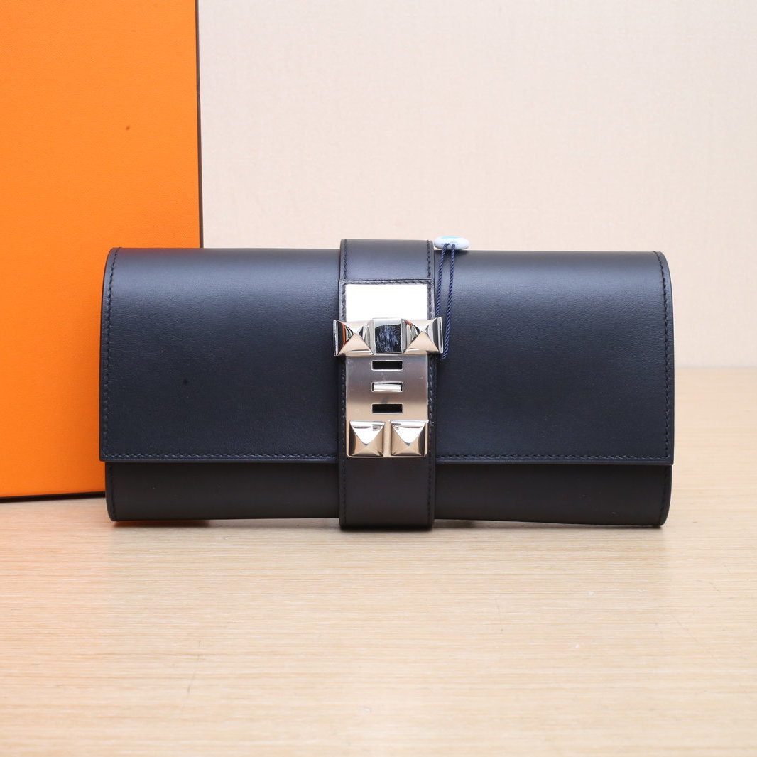 HERMES 89 Black Box Leather Frame O Sliver Hardware CDC Clutch-Hana Vintage