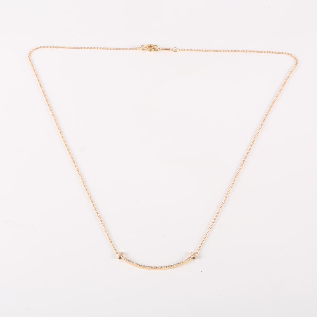 TIFFANY&CO Tiffany T Smile Necklace Small Size Full Diamonds 18K Rose Gold,Diamond-Hana Vintage